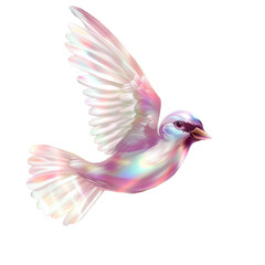 Obraz premium Flying bird, shiny iridescent holographic colors on a white background in the style of clipart.