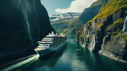 Fototapeta premium Cruise ship navigating through a narrow Norwegian fjord, towering rock walls