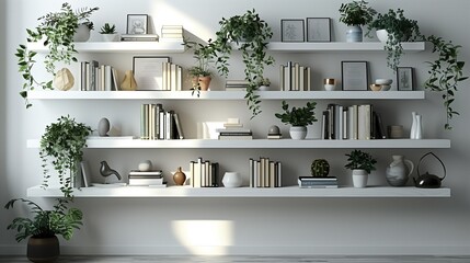 Cozy Minimalist Home Decor Shelves Displaying Houseplants and Books.Zoom Virtual Background, Cozy Interior Backdrop, Living Room Background, Virtual Meetings