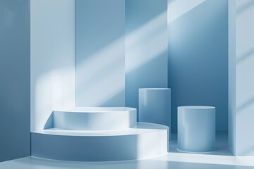 Beautiful minimalistic light blue background for product presentation with podiums on different tiers.