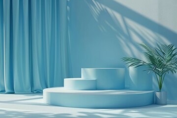 Beautiful minimalistic light blue background for product presentation with podiums on different tiers.