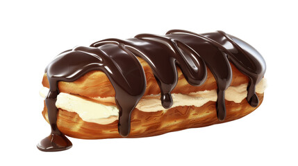 A mouth-watering chocolate eclair topped with rich chocolate icing. The image is on a transparent background