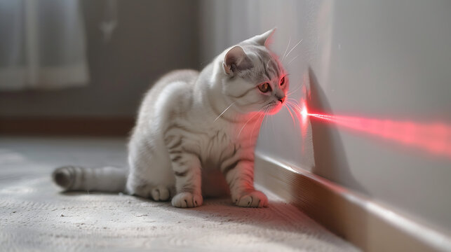 A white British Shorthair cat is playing with a laser light on a white wall. Generative AI illustration 