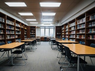 Abstract blur, college library and classroom with bookshelves.