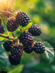 Close-up of ripe blackberries on a bush with lush green leaves.