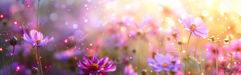 Stunning close up of colorful cosmos flowers with a bright natural spring background.