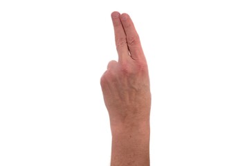 Hand signs. Two. Male hand with two fingers directed upward isolated on white background.