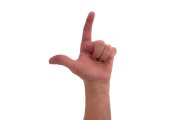 Hand signs. Male hand gesture pointing direction isolated on white background.