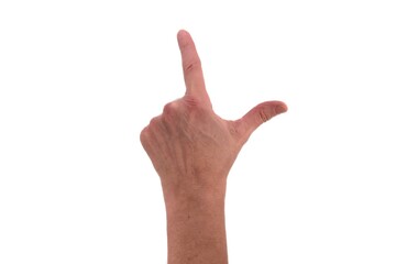Hand signs. Male hand gesture pointing direction isolated on white background.