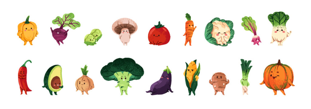 Different funny vegetables set. Children's healthy food characters. Happy pumpkin, kawaii broccoli, cute tomato, avocado, mushroom. Flat isolated drawing vector illustrations on white background