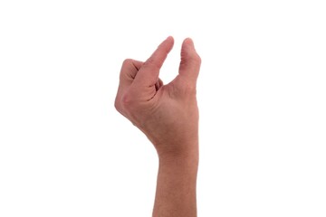Hand signs. Male hand gesture showing something small isolated on white background.