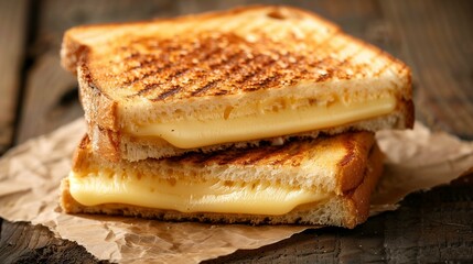 Homemade grilled cheese sandwich with two slices buttered bread american cheese melted in between on wooden table covered with brown paper, easy to make quick and easy lunch