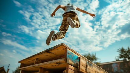 Man in camouflage pants jumping wooden platform in parkour park, urban sky athlete