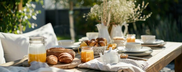 A serene Scandinavian-inspired breakfast setup on a sunlit terrace, featuring minimalist decor with natural wood accents, fresh fruits, artisan bread, and a steaming cup of coffee