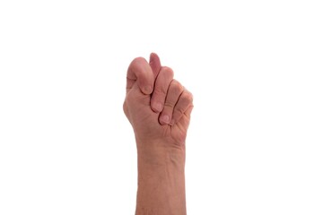 Obraz premium Hand signs. Male hand with thumb between fingers directed upward isolated on white background.