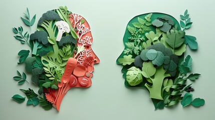 Paper cutout illustration of a healthy versus unhealthy diet, showing the environmental impact of plant-based versus meat-based diets.