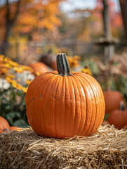 A large orange pumpkin sits on a hay bale outdoors.