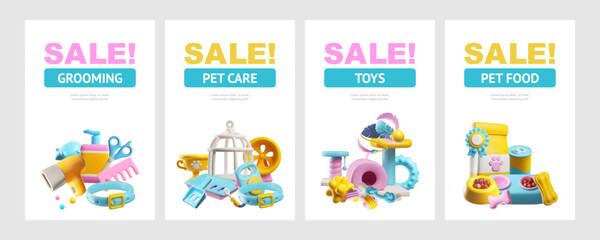 Fototapeta premium Pet shop advertising web banner cute 3D vector posters set, Sale pet toys, grooming accessories, care supplies and food