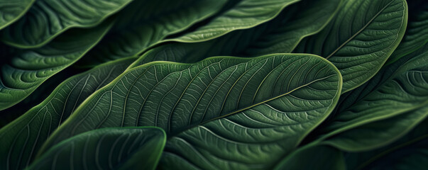 Obraz premium Close Up of Overlapping Flat Lay Green Leaves . Nature, Botanical, Gardening Day background, copy space. 