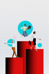 Vertical photo collage of happy black white girl colleagues receive promotion chart old man chief office job isolated on painted background