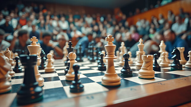 close up chess pieces on chessboard against an enthusiastic audience in the background capturing the excitement and competitive spirit of World Chess Day.