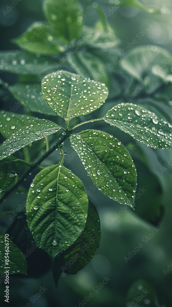 Poster Morning Dew on Powdered Leaves Captured in Tranquil Forest  