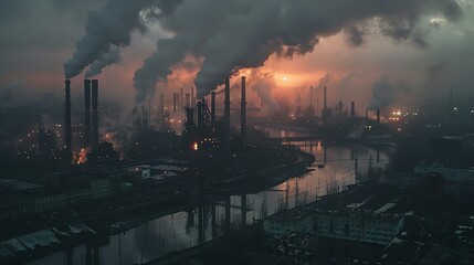 Fototapeta premium An industrial district at twilight, smokestacks releasing smoke into the evening sky, creating a dramatic scene
