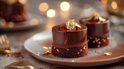 Fototapeta premium Two chocolate cakes adorned with gold leaf on a plate.
