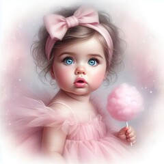 Fototapeta premium realistic airbrush painting of a baby girl in pastel pink tulle dress ,with a big bow,blue eyes, curly hair, pastel pink lips, pastel pink cotton candy in her hand