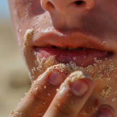 Close-up of lips with sand on a beach.