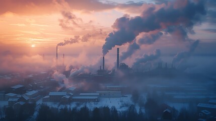 Fototapeta premium A factory at the edge of a residential area, smoke and pollution spilling over into the homes nearby