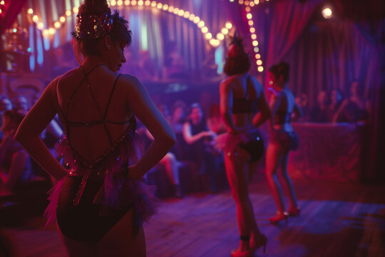 Showgirls at a cabaret or burlesque theatre backstage.