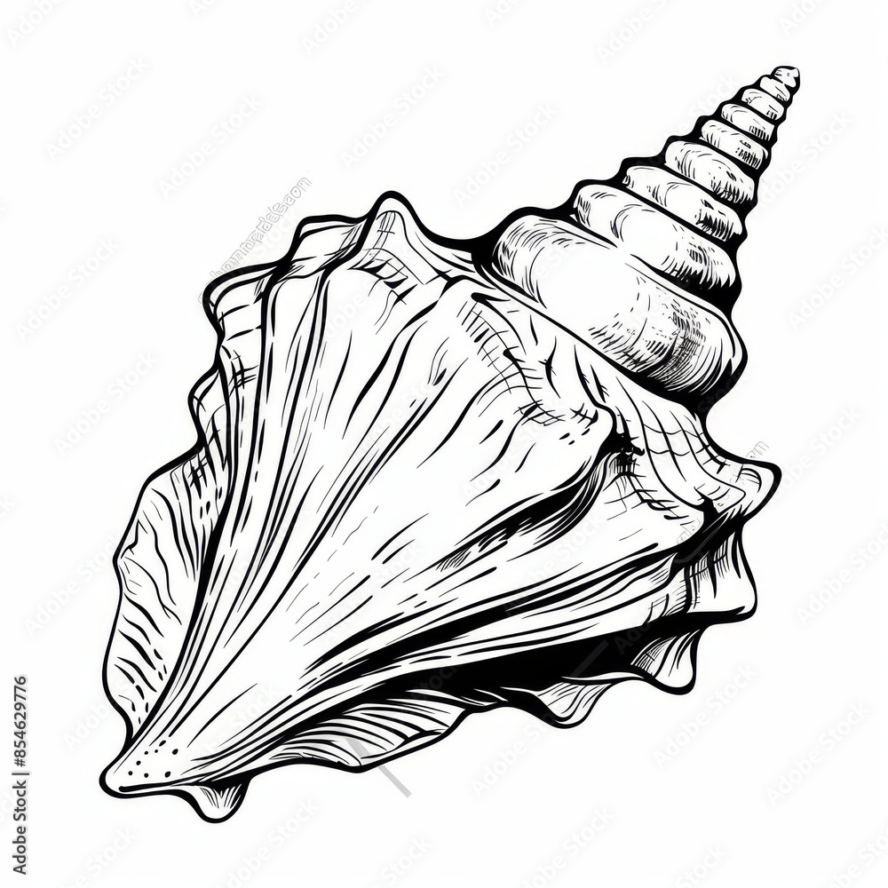 Wall mural Detailed handdrawn sketch of a spiral conch sea shell isolated on white background. A realistic hand drawing of a conch shell and a sea snail shell. - Wall murals