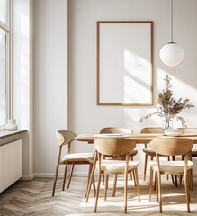 luxury apartment comfortable suite lounge. poster frame mockup, round table and chairs in a modern dining room.
