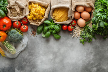 Healthy food. Variety of vegetables, fruits, herbs, cereals and legumes on a texture table. View from above. Place for text. Balanced diet. Banner
