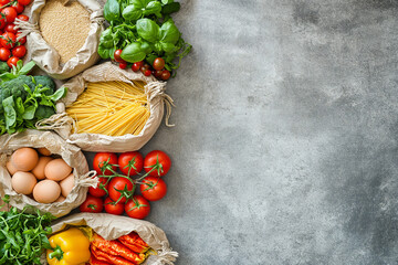 Healthy food. Variety of vegetables, fruits, herbs, cereals and legumes on a texture table. View from above. Place for text. Balanced diet. Banner