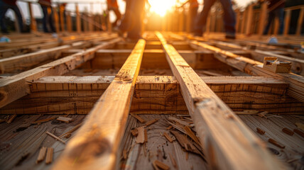 Obraz premium Construction workers building a framework at sunrise.
