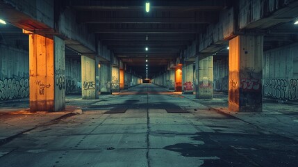 Fototapeta premium Reflective path under the illuminated underpass. A large, empty, and dirty tunnel with graffiti on the walls