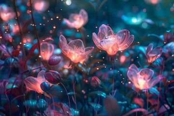 Obraz premium Surreal garden where flowers are made of light and emit soft, colorful glows, and the air is filled with floating, luminescent petals, creating a dreamlike scene 