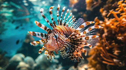 Lionfish swimming in the foreground of a vibrant coral reef, surrounded by marine life and sunlight filtering through the blue water.