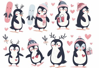 Modern illustration of cute penguins in the winter, isolated on white.
