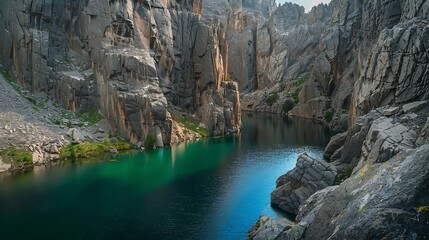 Tranquil lake nestled between towering cliffs in a remote wilderness area