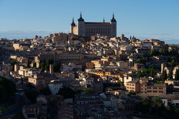 Panoramic view of the UNESCO World Heritage site of the city of Toledo since Valley lookout in a sunny day. Castilla la Mancha, Spain.