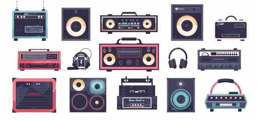 Isolated on white background, a set of retro music players.