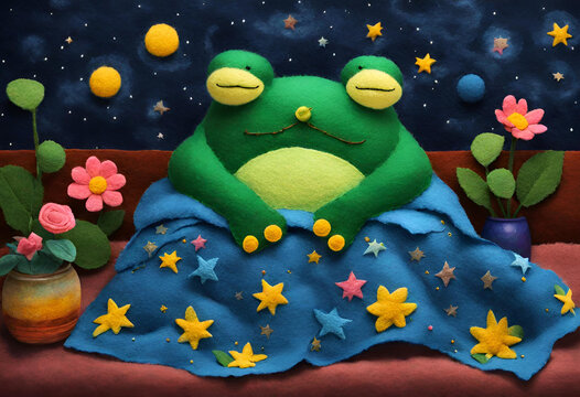 Felt art of a frog sleeping in a bedroom decorated with a night sky.