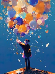 Cartoon illustration of the graduation season poster for the college entrance examination, with students standing in front of colorful balloons and bubbles
