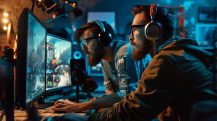 Photograph of two men creating video games and developing graphics for movies.