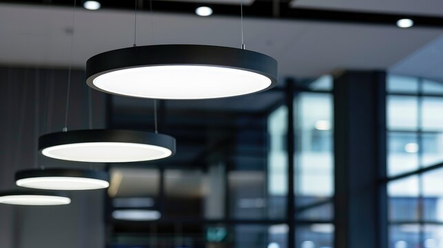 Round LED ceiling lamp enhances commercial building aesthetics with suspended mesh for shopping centers or offices Copy space included