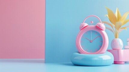 A pastel-hued backdrop features an inflatable ring in the shape of an alarm clock, blending themes of summer, vacation, and time management. The minimalist and creative design offers plenty of copy