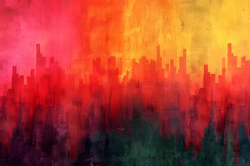 Fototapeta premium Abstract Cityscape at Sunset with Vibrant Red, Yellow, and Pink Hues - Modern Art for Home and Office Decor